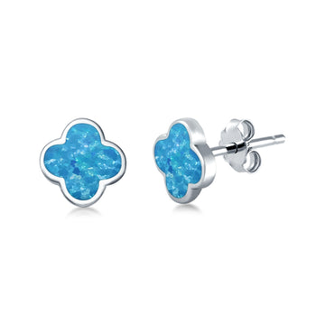 Clover Flower Stud Earring Lab Created Blue Opal 925 Sterling Silver (6.20mm)